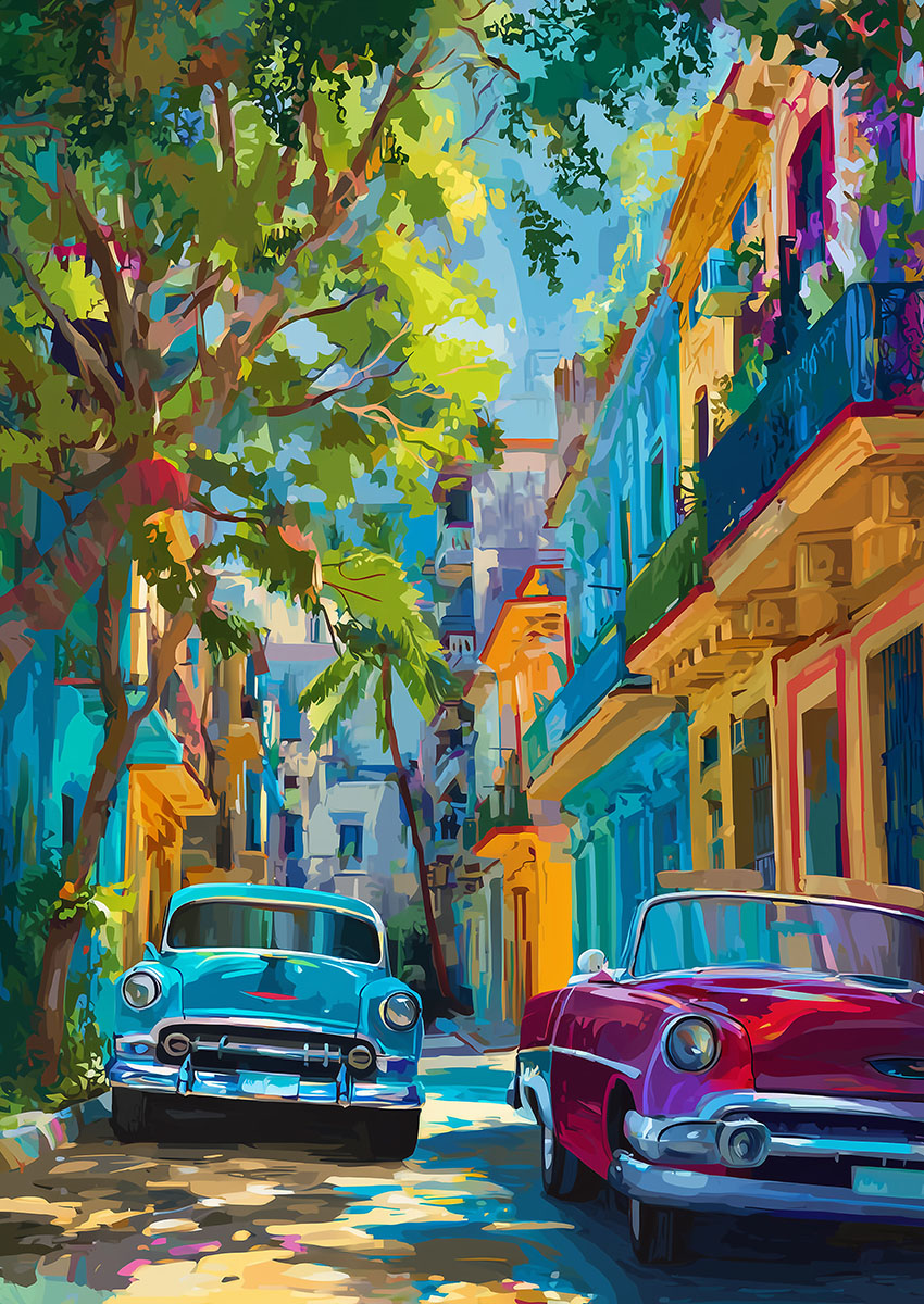 Vibrant Street Scene with Classic Cars Canvas Print & Poster Wall Art - AI PRINT LAB